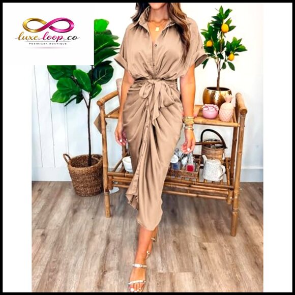 Silk Satin Maxi Dress Button Down Ruched Tie Waist Formal Cocktail Wedding - Picture 2 of 7